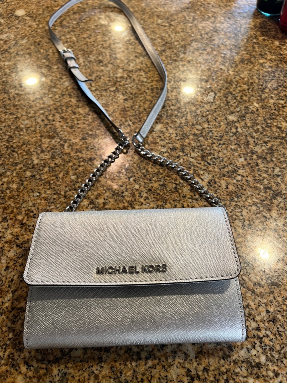 Michael Kors Silver Metallic Crossbody Wallet